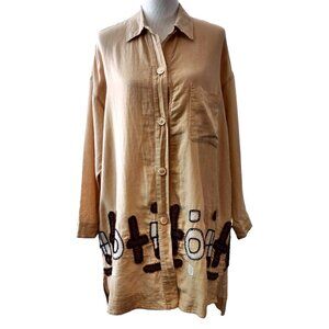 Ischiko Womens Size US 10 Beige Tan Button Geometric Patches Lagenlook Tunic Top